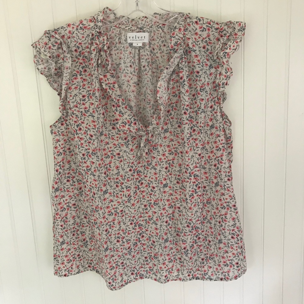 ROMANTIC PRETTY classic floral flutter sleeve top Velvet Graham & Spencer S 💋
